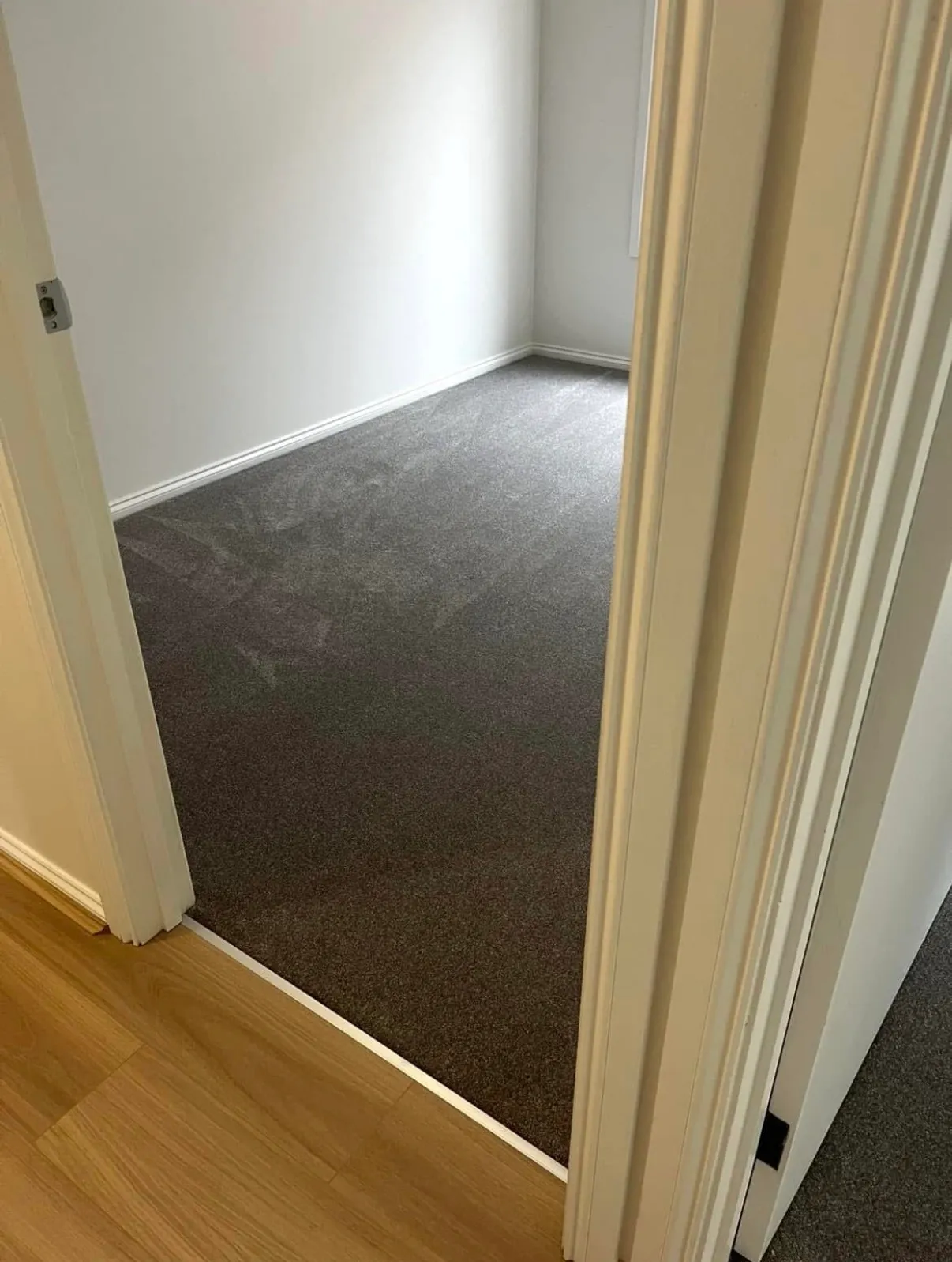 Carpet meeting laminate at a doorway, finished with a neat trim strip