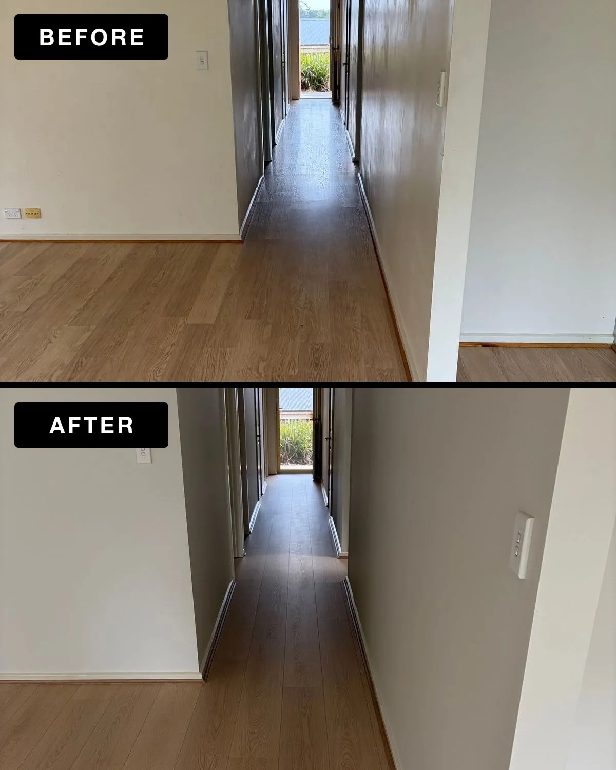Before and after in the same Nairne hallway: the old laminate, then the new laminate